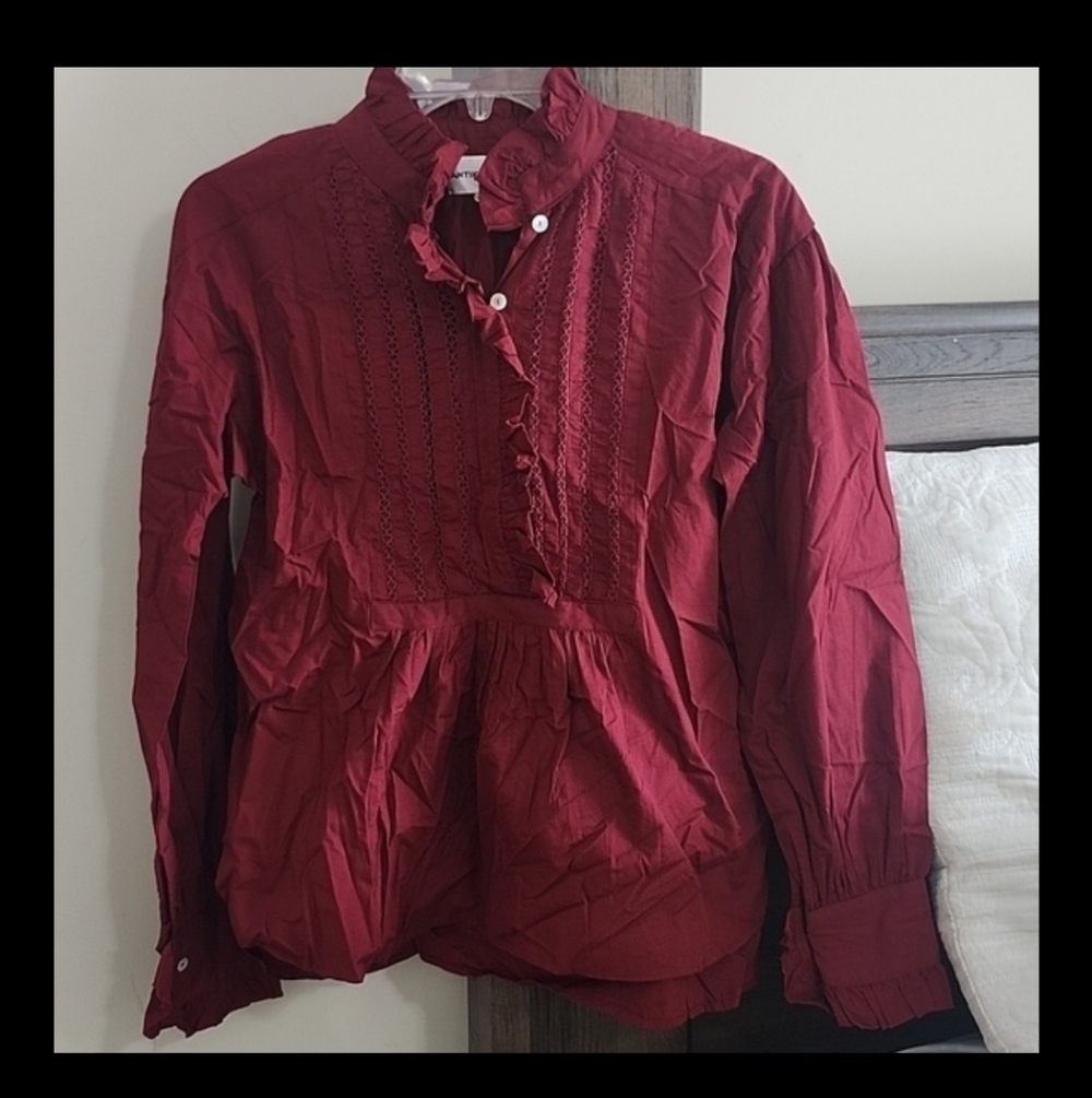 NWT ANTIK BATIK COTTON VOILE VICTORIAN-STYLE BLOUSE ANNA BURGUNDY XS/36
